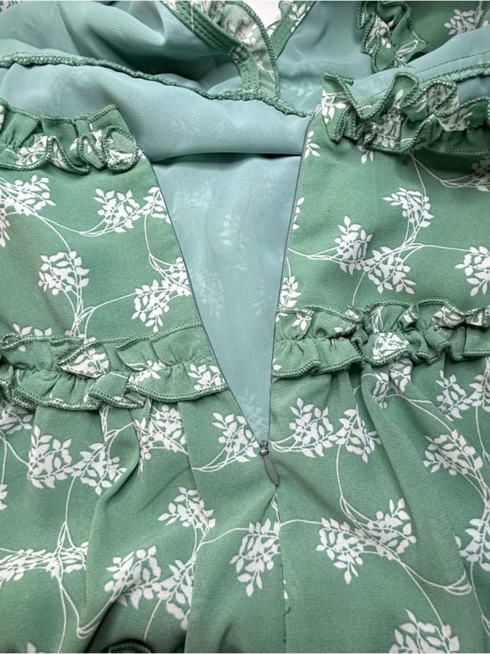 Aura Floral Ruffle Mini Dress Sage Green Boho Open Back Long Sleeve Large - Picture 12 of 15